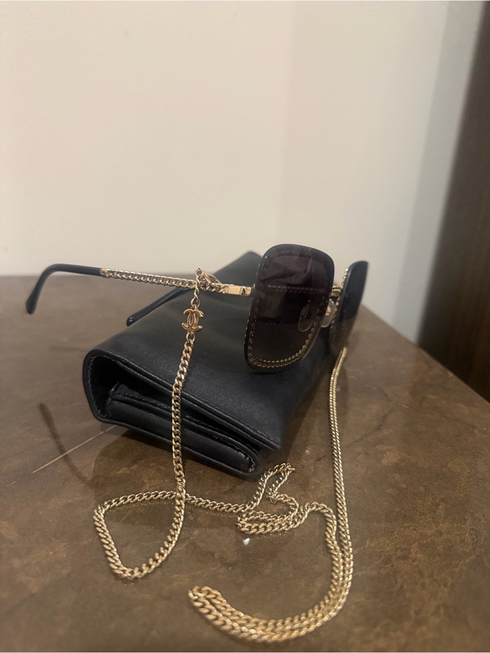 CHANEL Black Gradient Square Sunglasses with Gold Chain Trim - Picture 4 of 5